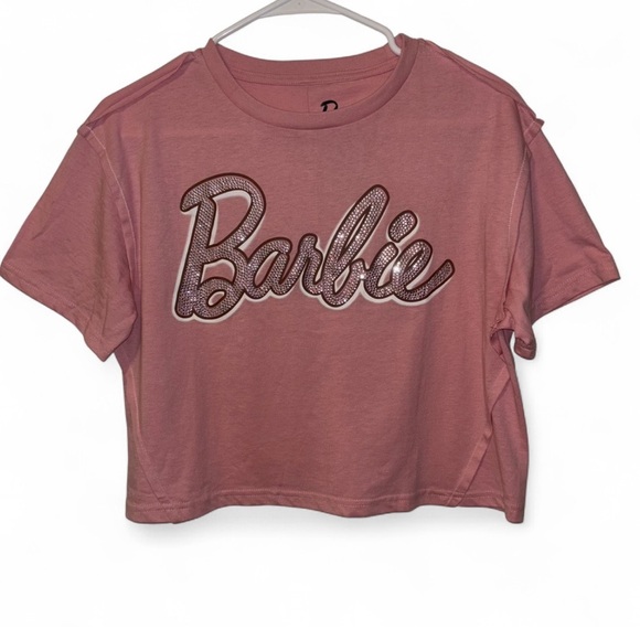 Barbie | Silver Rhinestone Logo Crop Tee | Pink Raw Seam T-Shirt | Size S - Picture 5 of 7